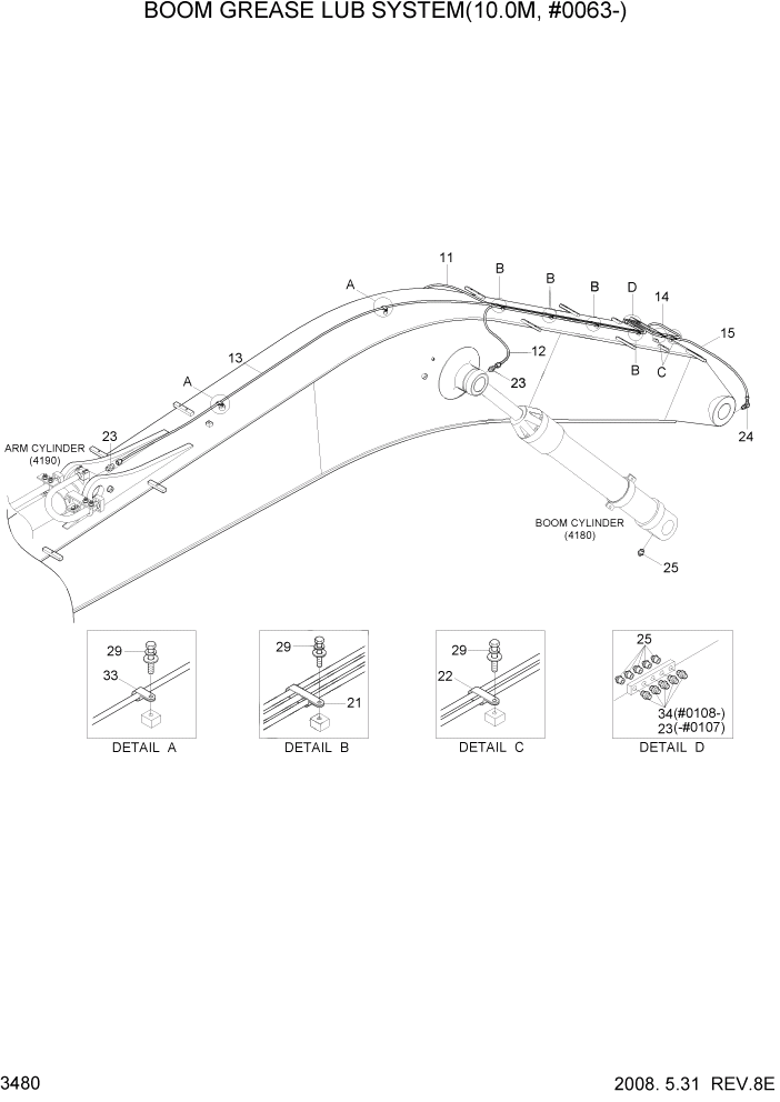 Схема запчастей Hyundai R500LC7A - PAGE 3480 BOOM GREASE LUB SYSTEM(10.0M, #0063-) ГИДРАВЛИЧЕСКАЯ СИСТЕМА