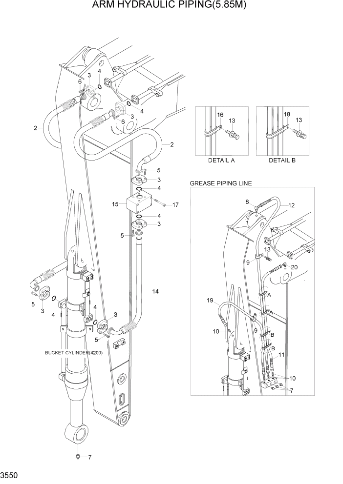 Схема запчастей Hyundai R500LC7A - PAGE 3550 ARM HYDRAULIC PIPING(5.85M) ГИДРАВЛИЧЕСКАЯ СИСТЕМА