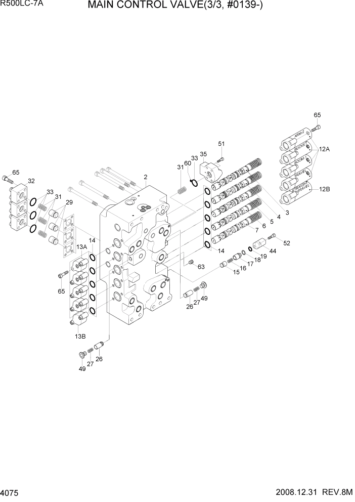 Схема запчастей Hyundai R500LC7A - PAGE 4075 MAIN CONTROL VALVE(3/3, JEIL, #0139-) ГИДРАВЛИЧЕСКИЕ КОМПОНЕНТЫ