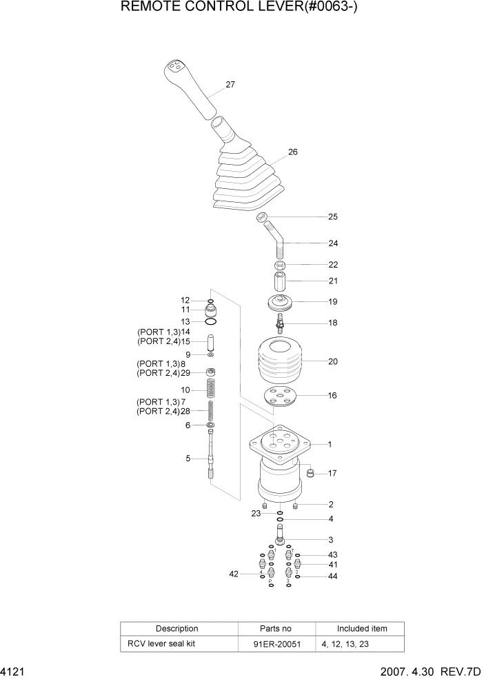 Схема запчастей Hyundai R500LC7A - PAGE 4121 REMOTE CONTROL LEVER(#0063-) ГИДРАВЛИЧЕСКИЕ КОМПОНЕНТЫ