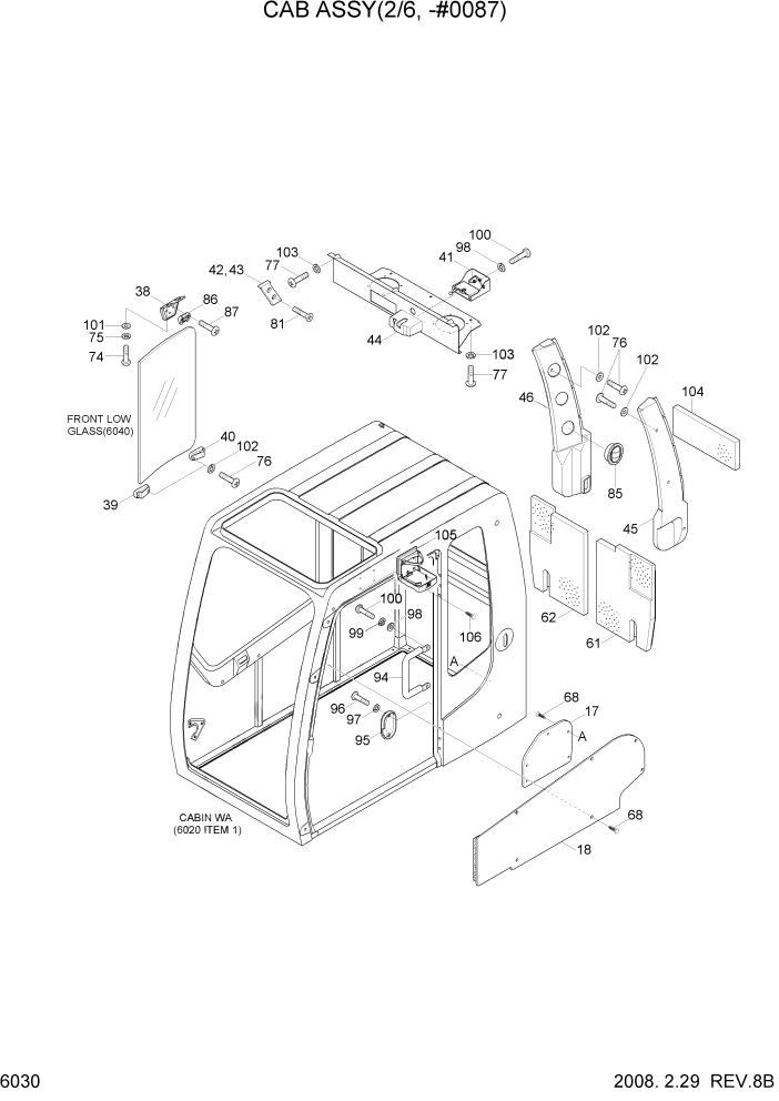 Схема запчастей Hyundai R500LC7A - PAGE 6030 CAB ASSY(2/6, -#0087) СТРУКТУРА