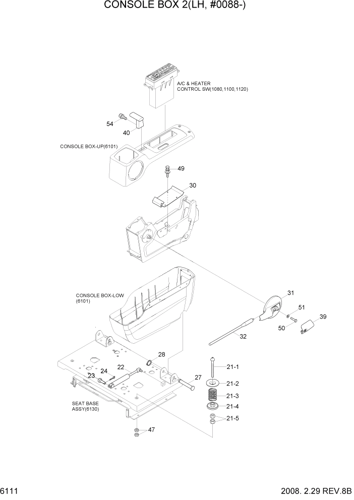 Схема запчастей Hyundai R500LC7A - PAGE 6111 CONSOLE BOX 2(LH, #0088-) СТРУКТУРА