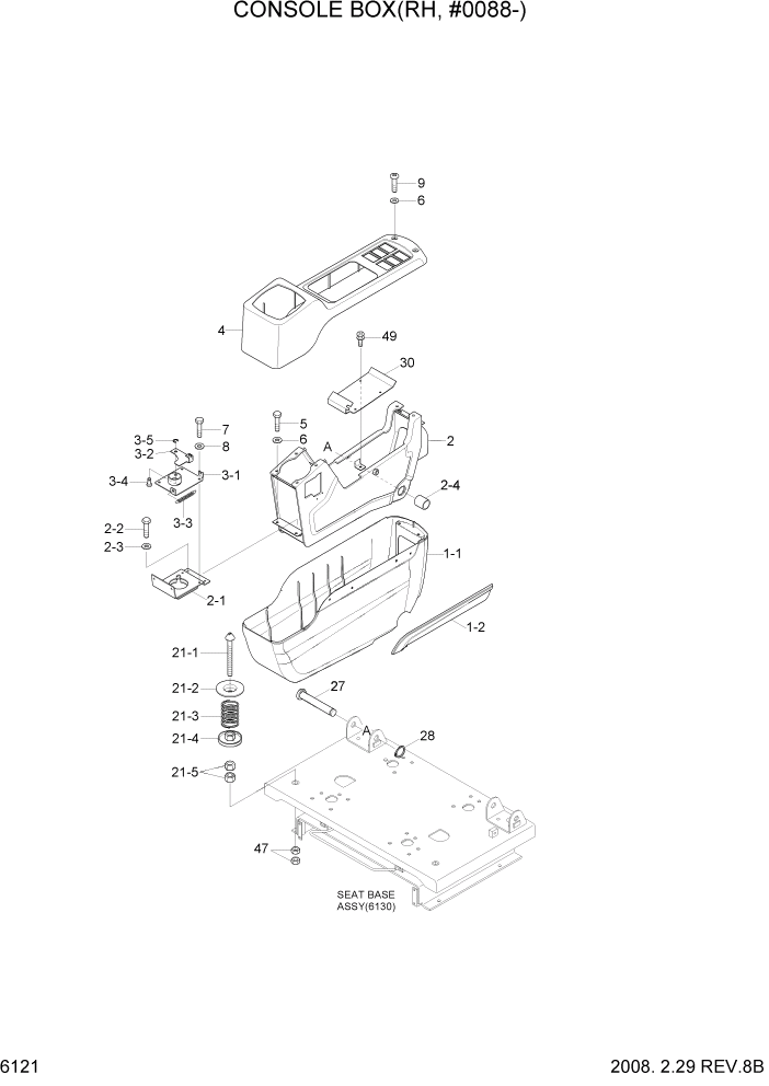 Схема запчастей Hyundai R500LC7A - PAGE 6121 CONSOLE BOX(RH, #0088-) СТРУКТУРА