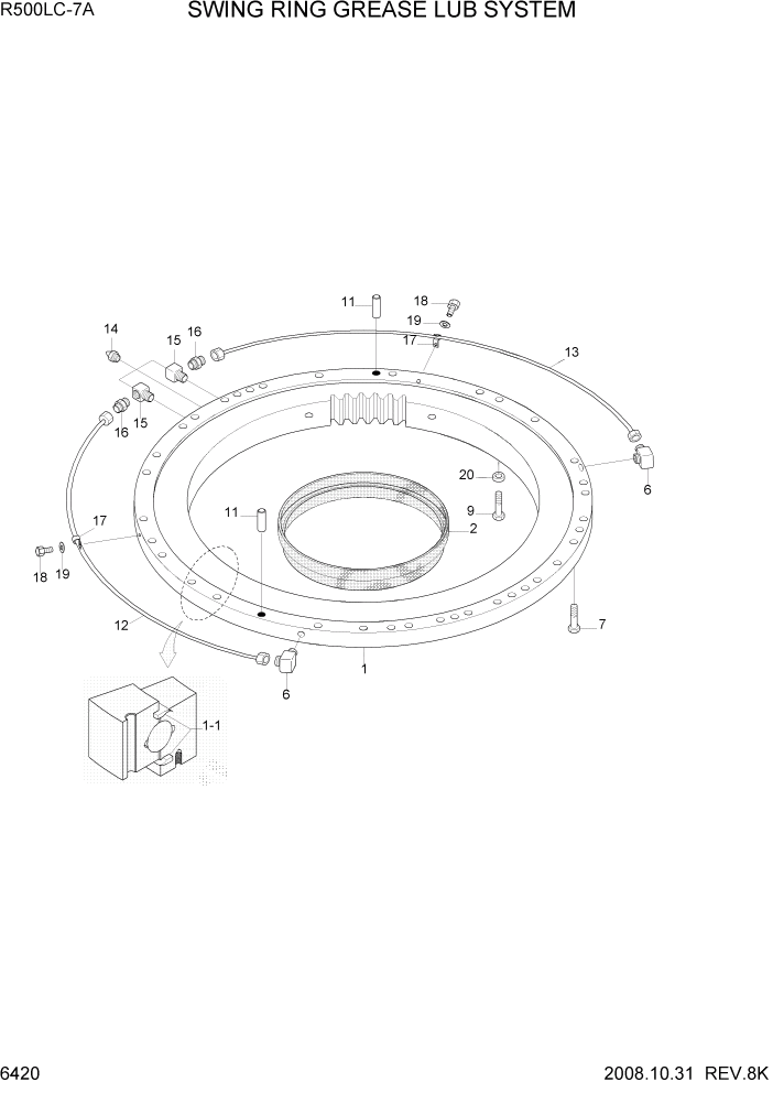 Схема запчастей Hyundai R500LC7A - PAGE 6420 SWING RING GREASE LUB SYSTEM СТРУКТУРА