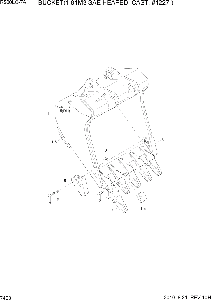 Схема запчастей Hyundai R500LC7A - PAGE 7403 BUCKET(1.81M3 SAE HEAPED, CAST, #1227-) РАБОЧЕЕ ОБОРУДОВАНИЕ