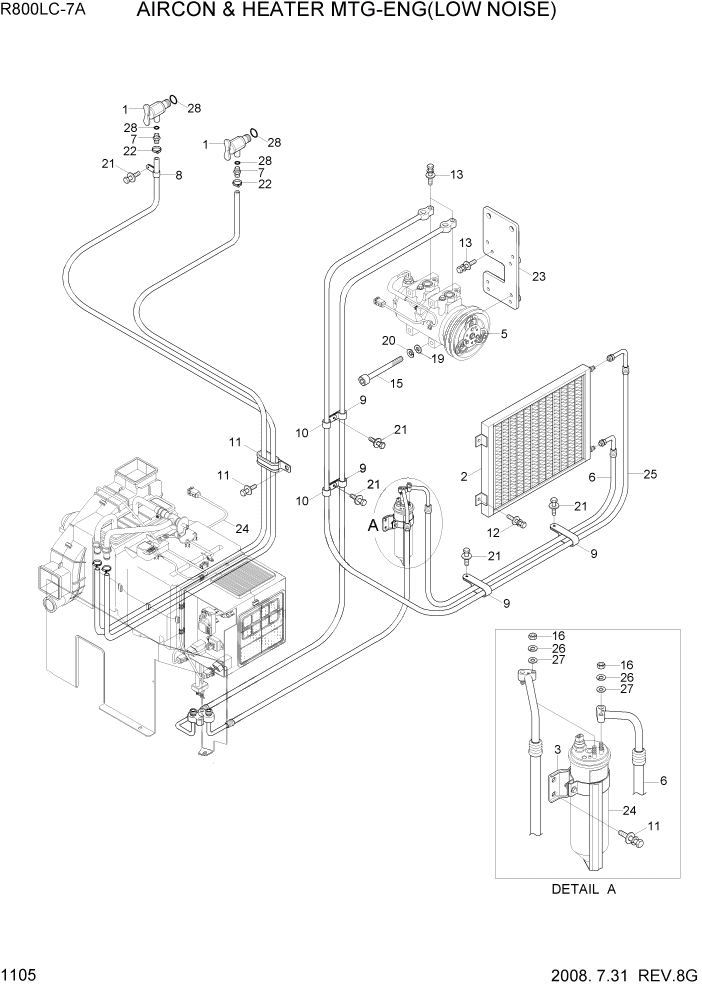 Схема запчастей Hyundai R800LC7A - PAGE 1105 AIRCON & HEATER MTG-ENG(LOW NOISE) СИСТЕМА ДВИГАТЕЛЯ