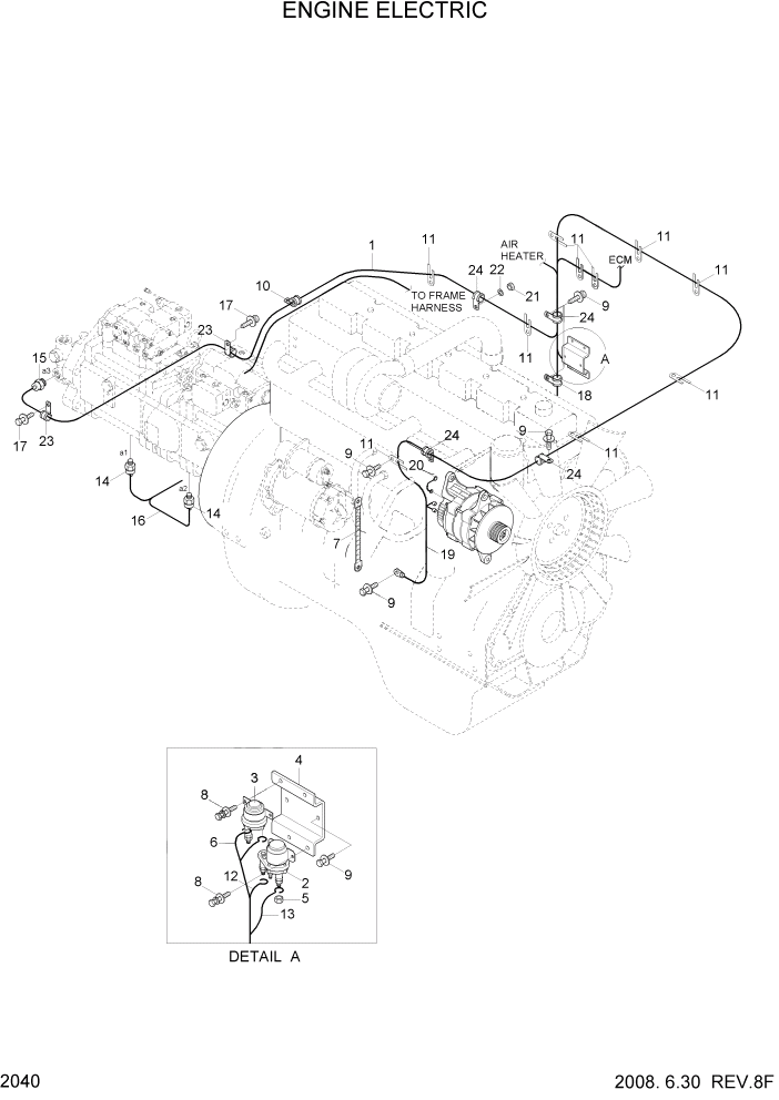 Схема запчастей Hyundai R800LC7A - PAGE 2040 ENGINE ELECTRIC ЭЛЕКТРИЧЕСКАЯ СИСТЕМА