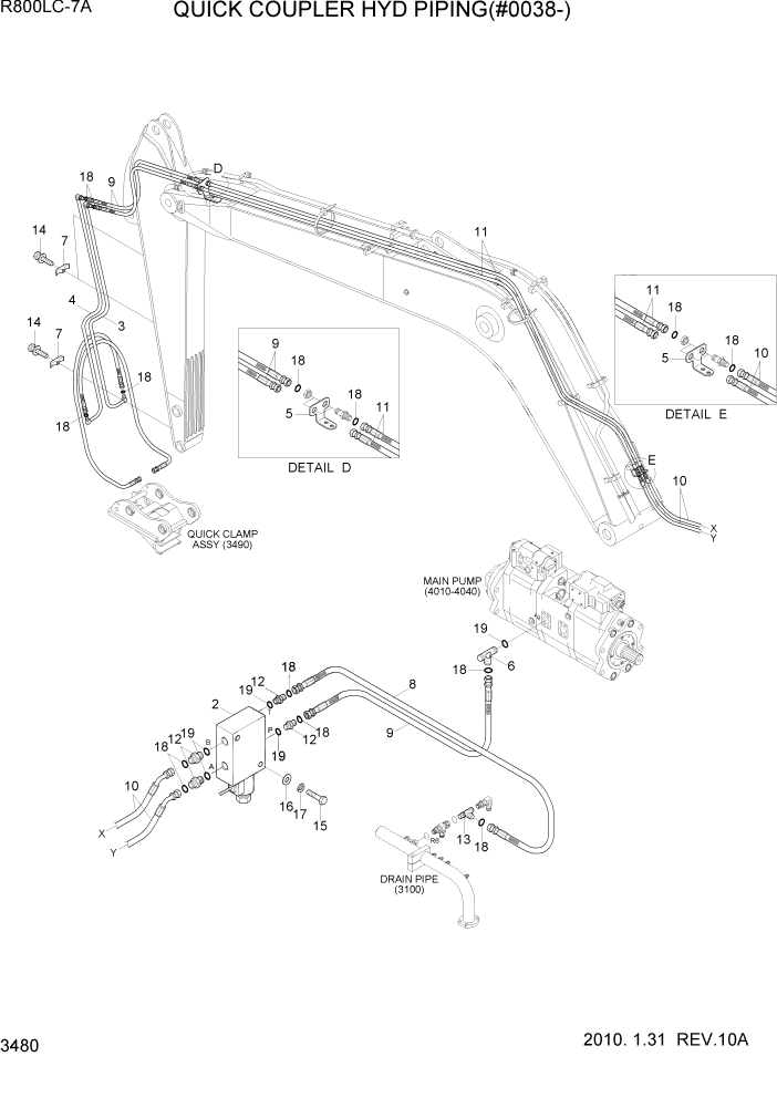 Схема запчастей Hyundai R800LC7A - PAGE 3480 QUICK COUPLER HYD PIPING(#0038-) ГИДРАВЛИЧЕСКАЯ СИСТЕМА