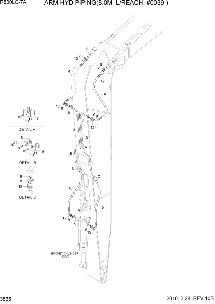 Схема запчастей Hyundai R800LC7A - PAGE 3535 ARM HYD PIPING(8.0M, L/REACH, #0039-) ГИДРАВЛИЧЕСКАЯ СИСТЕМА