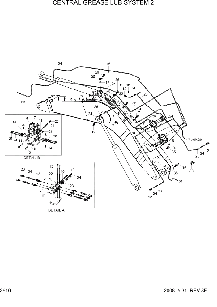 Схема запчастей Hyundai R800LC7A - PAGE 3610 CENTRAL GREASE LUB SYSTEM 2 ГИДРАВЛИЧЕСКАЯ СИСТЕМА