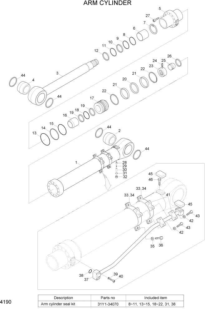 Схема запчастей Hyundai R800LC7A - PAGE 4190 ARM CYLINDER ГИДРАВЛИЧЕСКИЕ КОМПОНЕНТЫ