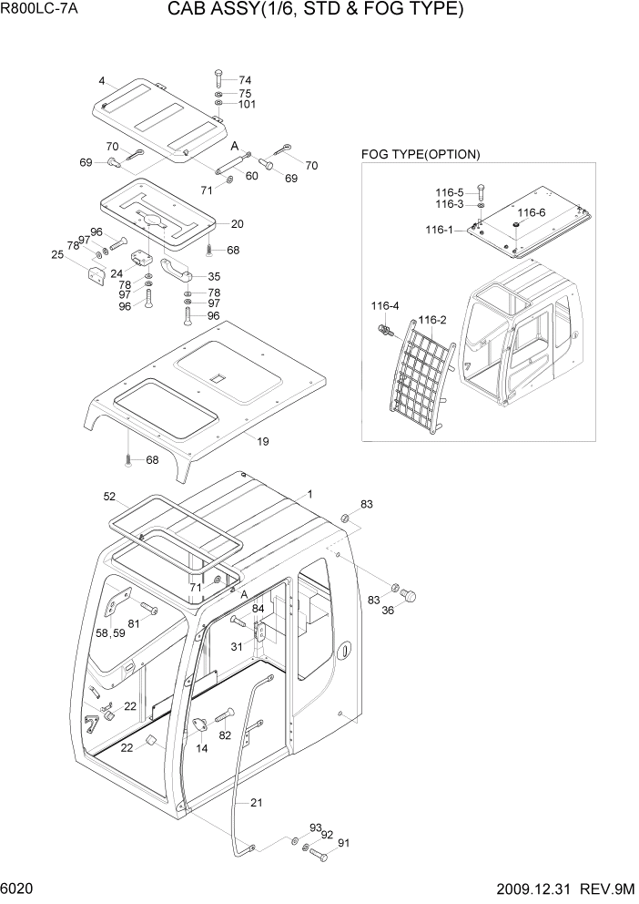 Схема запчастей Hyundai R800LC7A - PAGE 6020 CAB ASSY(1/6, STD & FOG TYPE) СТРУКТУРА