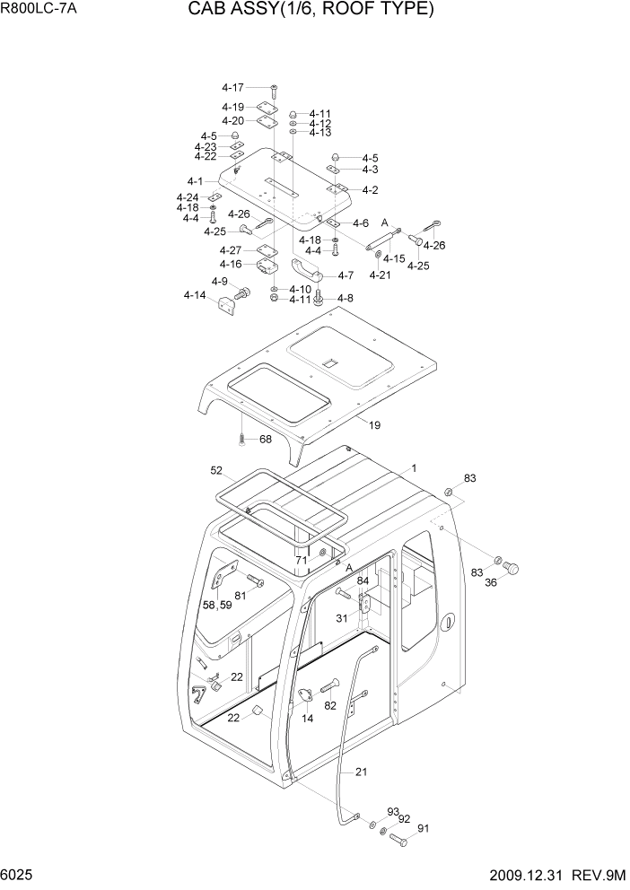 Схема запчастей Hyundai R800LC7A - PAGE 6025 CAB ASSY(1/6, ROOF TYPE) СТРУКТУРА