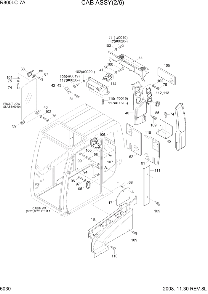 Схема запчастей Hyundai R800LC7A - PAGE 6030 CAB ASSY(2/6) СТРУКТУРА