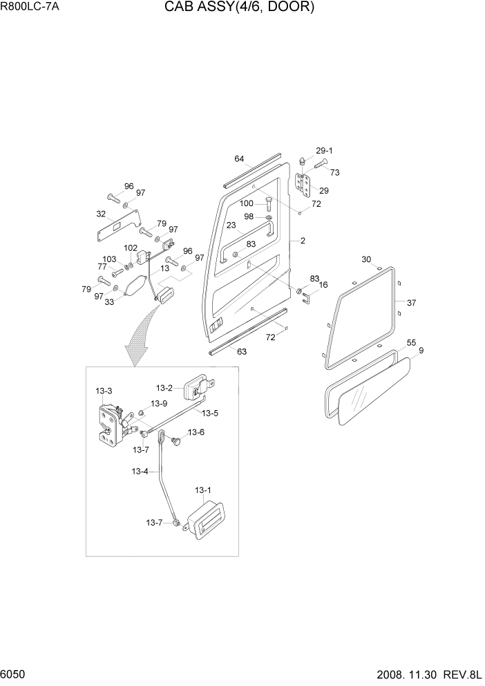 Схема запчастей Hyundai R800LC7A - PAGE 6050 CAB ASSY(4/6, DOOR) СТРУКТУРА