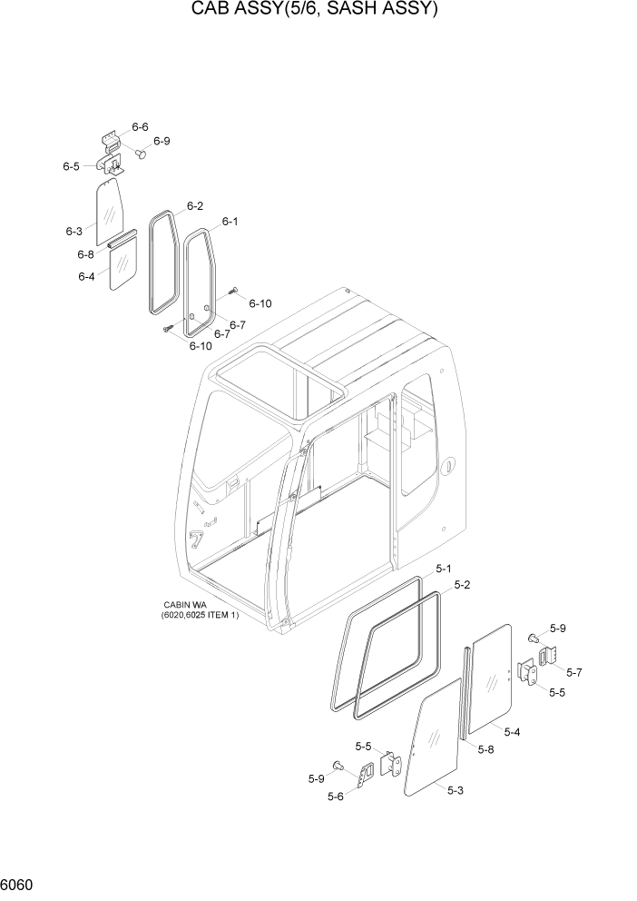 Схема запчастей Hyundai R800LC7A - PAGE 6060 CAB ASSY(5/6, SASH ASSY) СТРУКТУРА