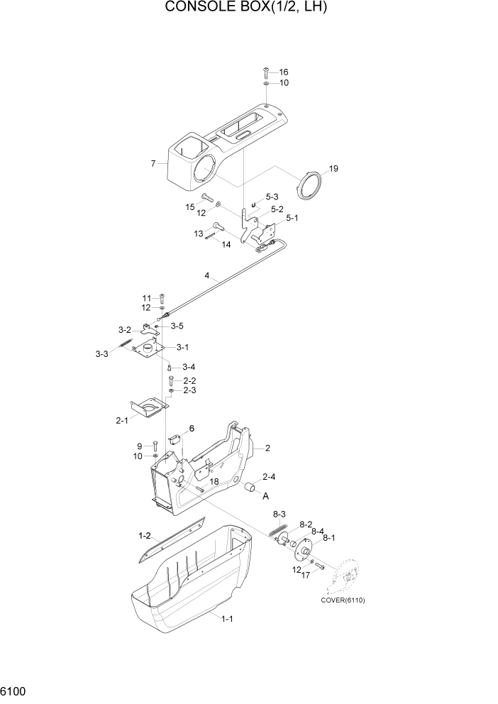 Схема запчастей Hyundai R800LC7A - PAGE 6100 CONSOLE BOX(1/2, LH) СТРУКТУРА