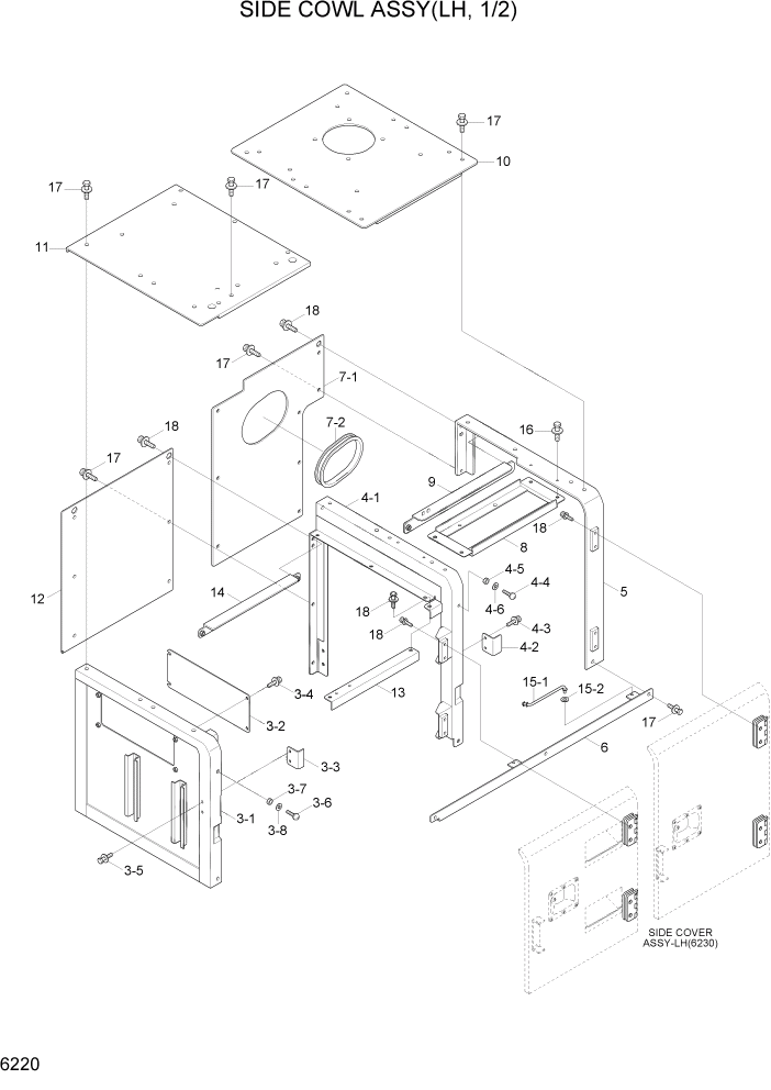 Схема запчастей Hyundai R800LC7A - PAGE 6220 SIDE COWL ASSY(LH, 1/2) СТРУКТУРА