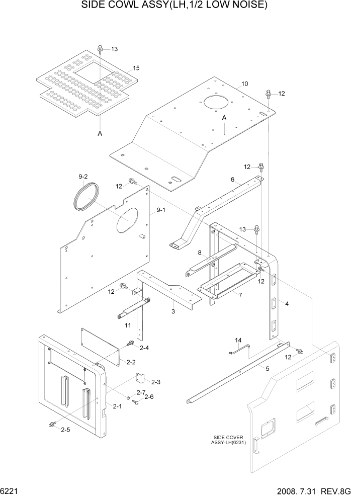 Схема запчастей Hyundai R800LC7A - PAGE 6221 SIDE COWL ASSY(LH, 1/2, LOW NOISE) СТРУКТУРА