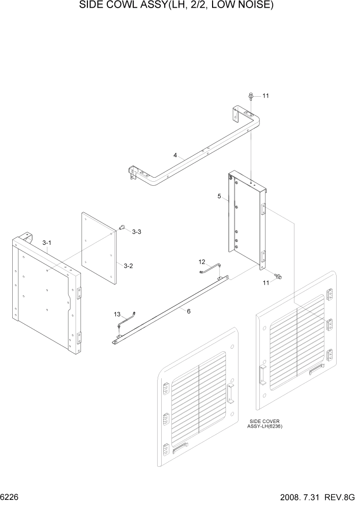 Схема запчастей Hyundai R800LC7A - PAGE 6226 SIDE COWL ASSY(LH, 2/2, LOW NOISE) СТРУКТУРА