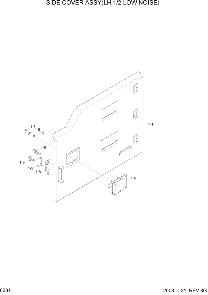 Схема запчастей Hyundai R800LC7A - PAGE 6231 SIDE COVER ASSY(LH, 1/2, LOW NOISE) СТРУКТУРА