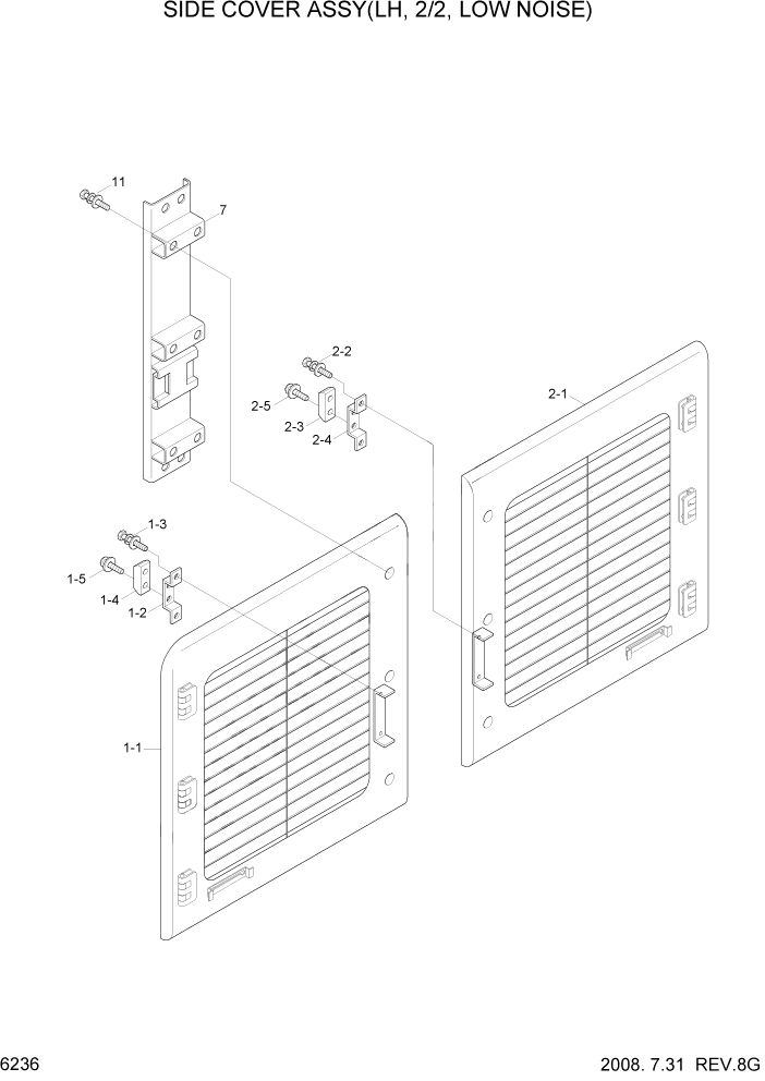 Схема запчастей Hyundai R800LC7A - PAGE 6236 SIDE COVER ASSY(LH, 2/2, LOW NOISE) СТРУКТУРА