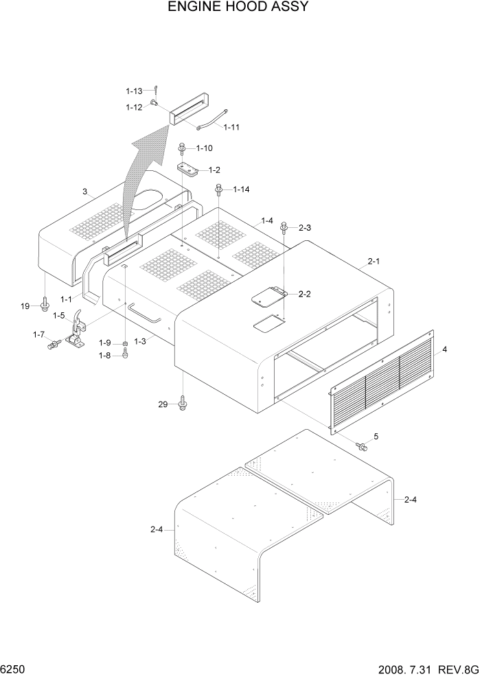 Схема запчастей Hyundai R800LC7A - PAGE 6250 ENGINE HOOD ASSY СТРУКТУРА