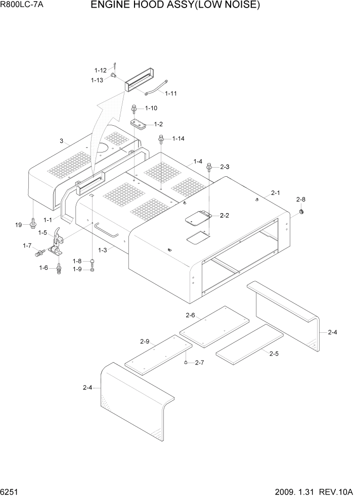 Схема запчастей Hyundai R800LC7A - PAGE 6251 ENGINE HOOD ASSY(LOW NOISE) СТРУКТУРА