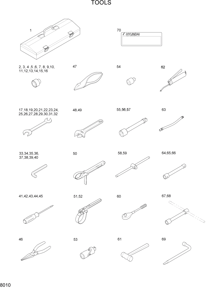 Схема запчастей Hyundai R800LC7A - PAGE 8010 TOOLS ДРУГИЕ ЧАСТИ