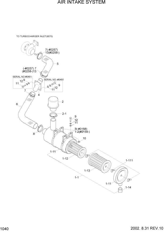 Схема запчастей Hyundai R160LC3 - PAGE 1040 AIR INTAKE SYSTEM ДВИГАТЕЛЬ