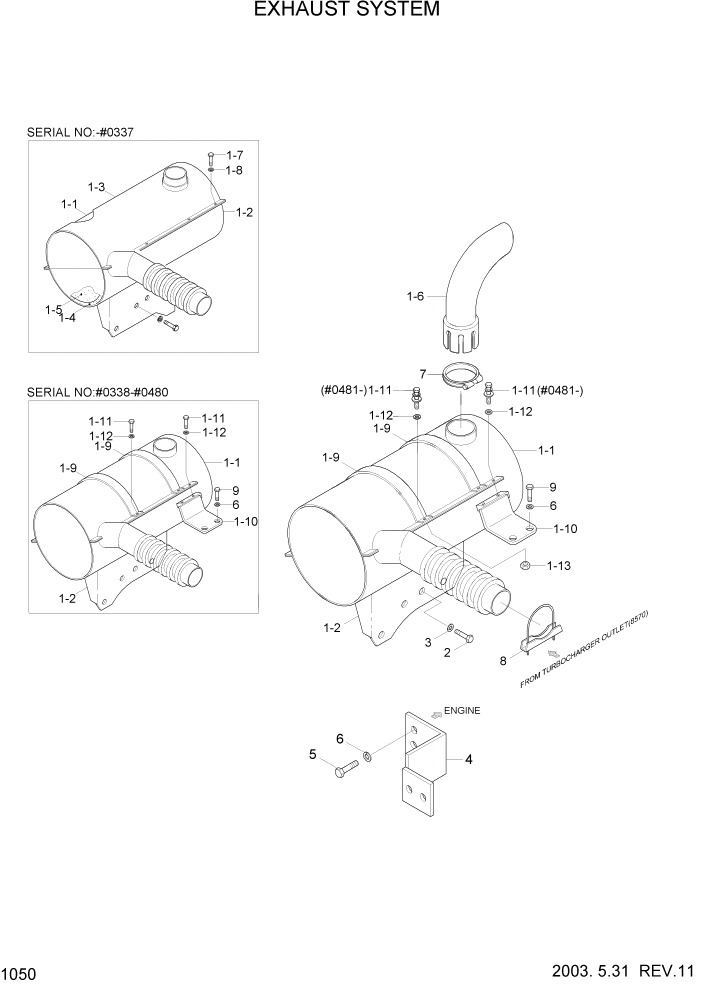 Схема запчастей Hyundai R160LC3 - PAGE 1050 EXHAUST SYSTEM ДВИГАТЕЛЬ