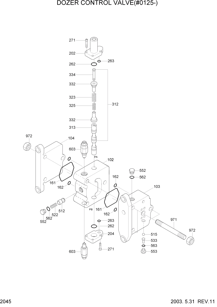 Схема запчастей Hyundai R160LC3 - PAGE 2045 DOZER CONTROL VALVE(#0125-) ГИДРАВЛИЧЕСКАЯ СИСТЕМА