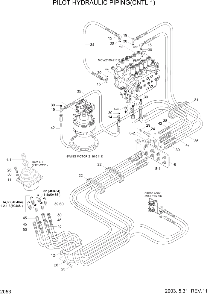 Схема запчастей Hyundai R160LC3 - PAGE 2053 PILOT HYDRAULIC PIPING(CNTL 1) ГИДРАВЛИЧЕСКАЯ СИСТЕМА