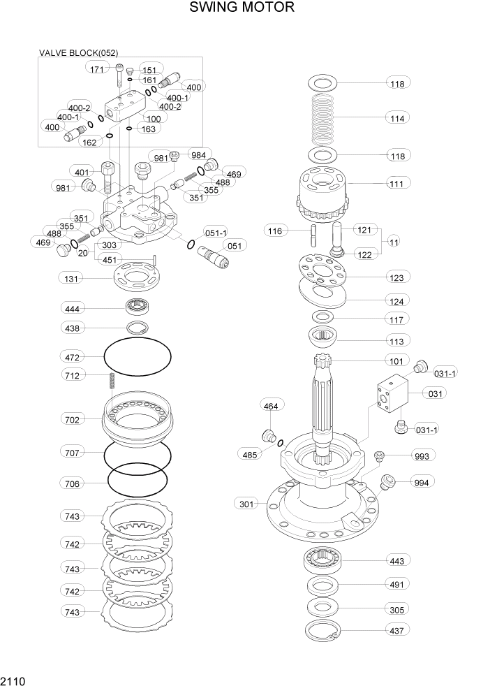 Схема запчастей Hyundai R160LC3 - PAGE 2110 SWING MOTOR ГИДРАВЛИЧЕСКАЯ СИСТЕМА