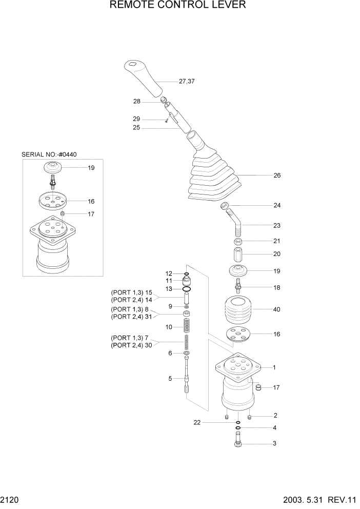 Схема запчастей Hyundai R160LC3 - PAGE 2120 REMOTE CONTROL LEVER ГИДРАВЛИЧЕСКАЯ СИСТЕМА