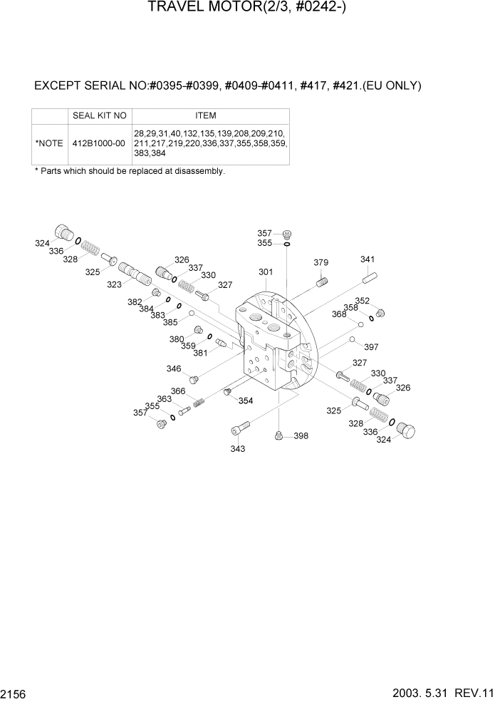 Схема запчастей Hyundai R160LC3 - PAGE 2156 TRAVEL MOTOR(2/3, #0242-) ГИДРАВЛИЧЕСКАЯ СИСТЕМА