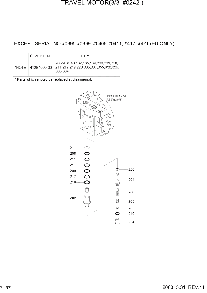 Схема запчастей Hyundai R160LC3 - PAGE 2157 TRAVEL MOTOR(3/3, #0242-) ГИДРАВЛИЧЕСКАЯ СИСТЕМА