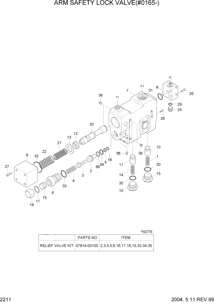 Схема запчастей Hyundai R160LC3 - PAGE 2211 ARM SAFETY LOCK VALVE(#0165-) ГИДРАВЛИЧЕСКАЯ СИСТЕМА