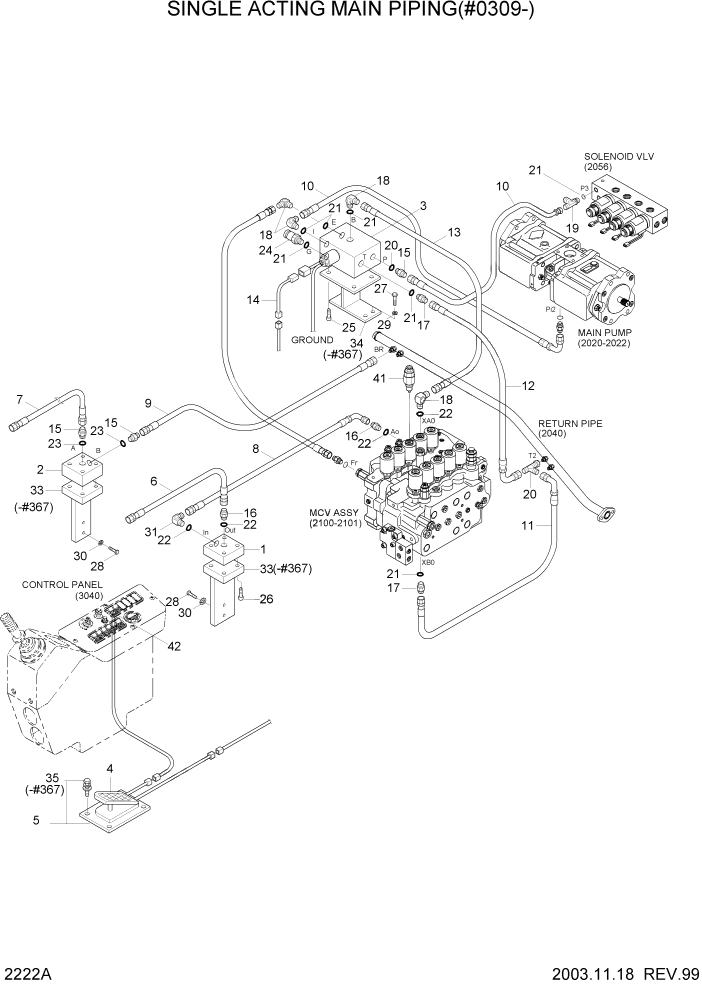 Схема запчастей Hyundai R160LC3 - PAGE 2222A SINGLE ACTING MAIN PIPING(#0309-) ГИДРАВЛИЧЕСКАЯ СИСТЕМА