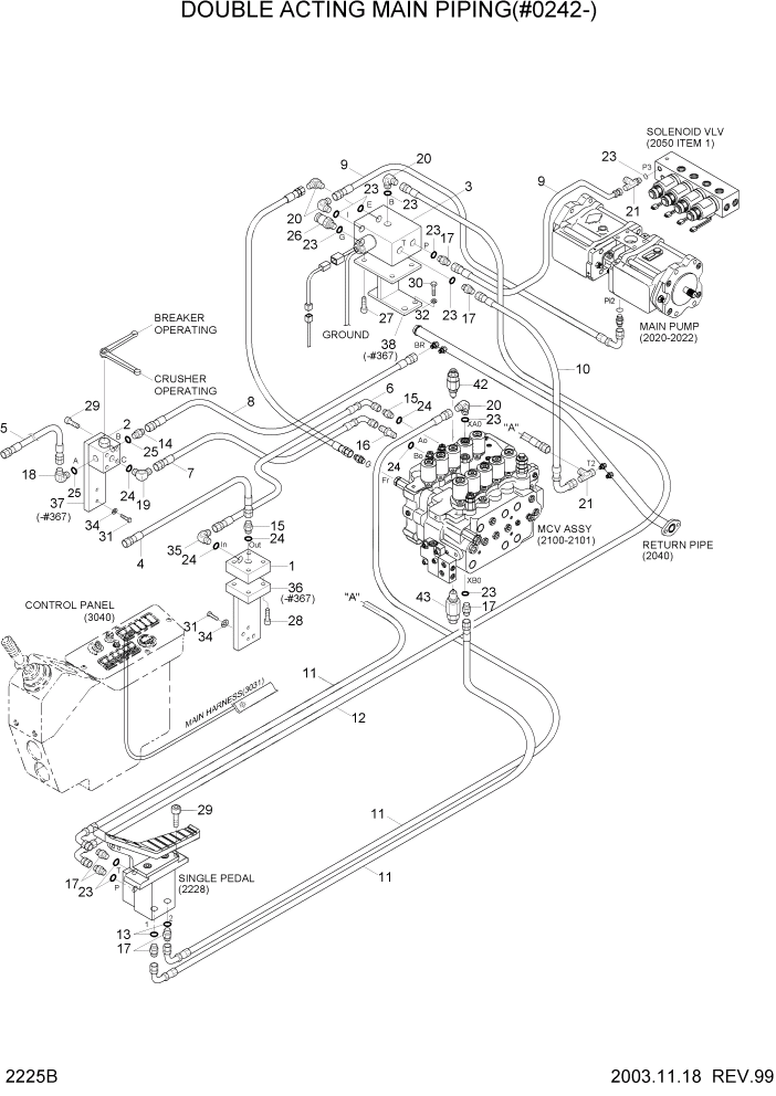 Схема запчастей Hyundai R160LC3 - PAGE 2225B DOUBLE ACTING MAIN PIPING(#0242-) ГИДРАВЛИЧЕСКАЯ СИСТЕМА