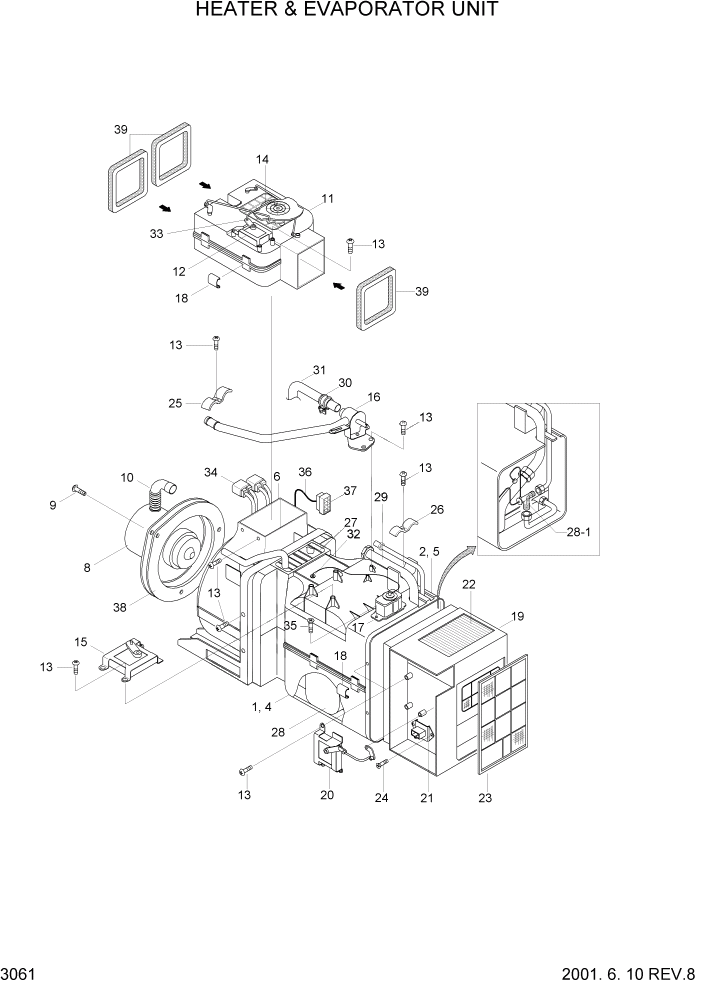 Схема запчастей Hyundai R160LC3 - PAGE 3061 HEATER & EVAPORATOR UNIT ЭЛЕКТРИЧЕСКАЯ СИСТЕМА