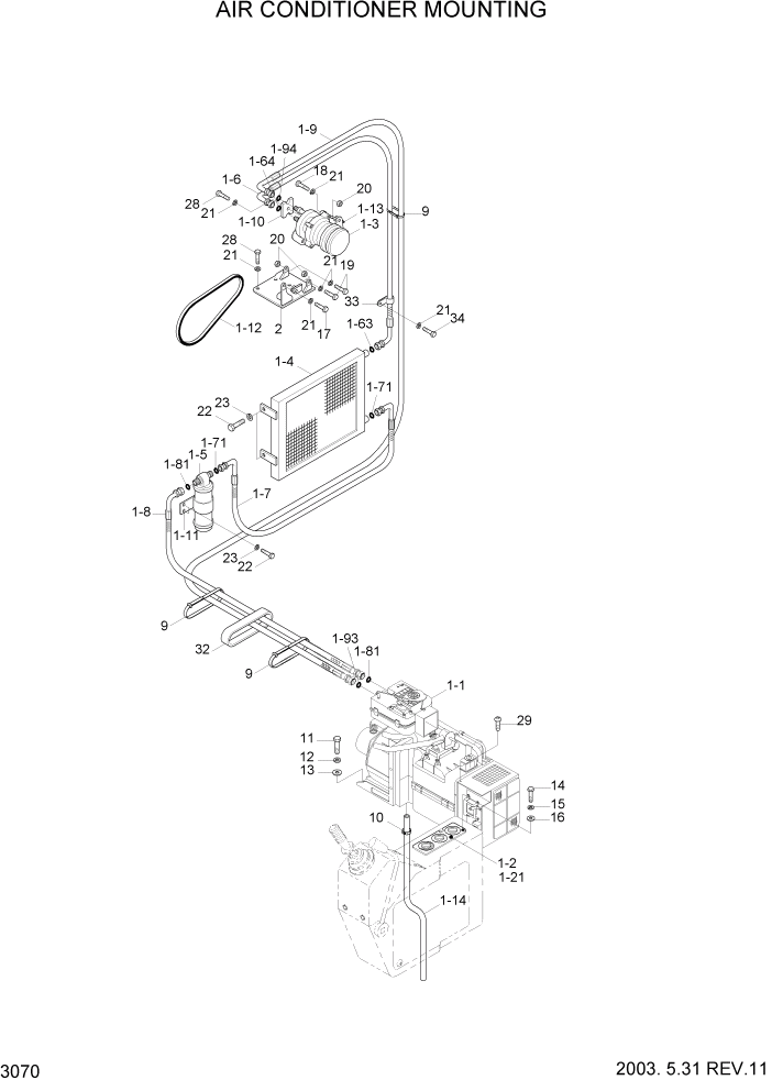 Схема запчастей Hyundai R160LC3 - PAGE 3070 AIR CONDITIONER MOUNTING ЭЛЕКТРИЧЕСКАЯ СИСТЕМА