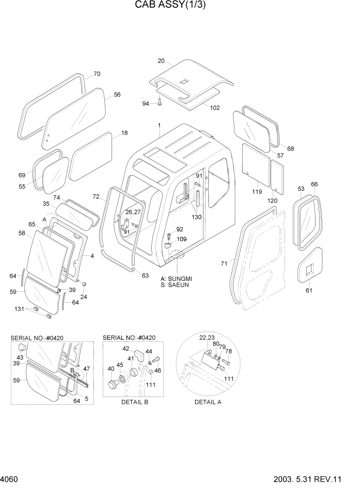 Схема запчастей Hyundai R160LC3 - PAGE 4060 CAB ASSY(1/3) ВЕРХНЯЯ ЧАСТЬ