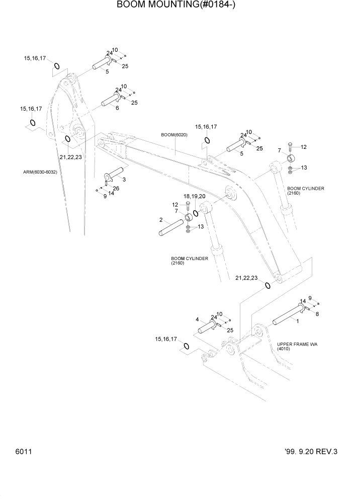 Схема запчастей Hyundai R160LC3 - PAGE 6011 BOOM MOUNTING(#0184-) РАБОЧЕЕ ОБОРУДОВАНИЕ