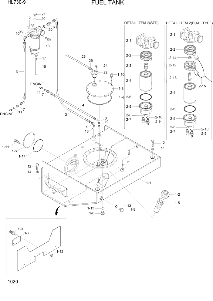 Схема запчастей Hyundai HL730-9 - PAGE 1020 FUEL TANK СИСТЕМА ДВИГАТЕЛЯ