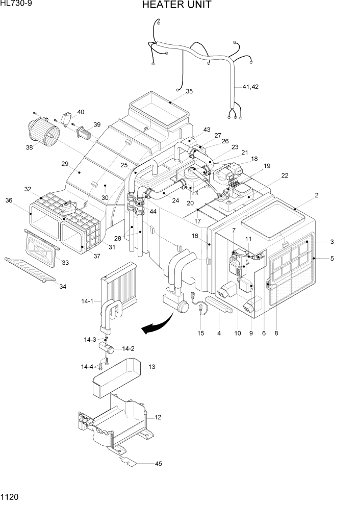 Схема запчастей Hyundai HL730-9 - PAGE 1120 HEATER UNIT СИСТЕМА ДВИГАТЕЛЯ