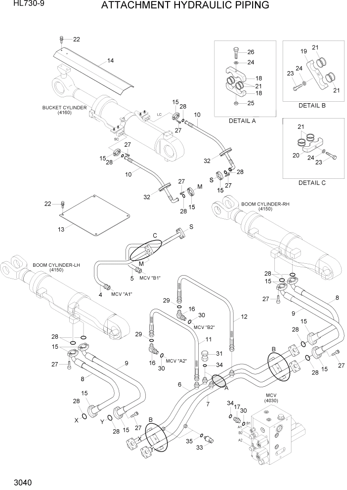 Схема запчастей Hyundai HL730-9 - PAGE 3040 ATTACHMENT HYDRAULIC PIPING ГИДРАВЛИЧЕСКАЯ СИСТЕМА