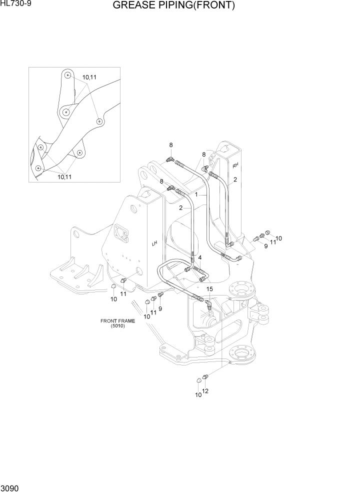 Схема запчастей Hyundai HL730-9 - PAGE 3090 GREASE PIPING(FRONT) ГИДРАВЛИЧЕСКАЯ СИСТЕМА