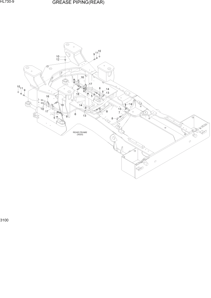 Схема запчастей Hyundai HL730-9 - PAGE 3100 GREASE PIPING(REAR) ГИДРАВЛИЧЕСКАЯ СИСТЕМА