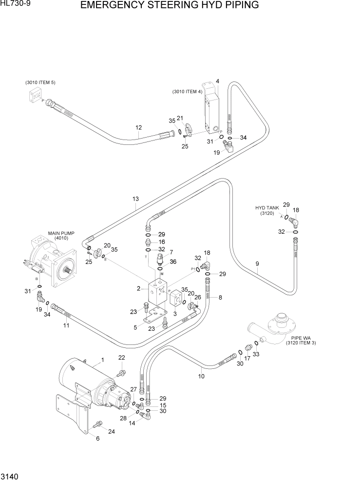 Схема запчастей Hyundai HL730-9 - PAGE 3140 EMERGENCY STEERING HYD PIPING ГИДРАВЛИЧЕСКАЯ СИСТЕМА